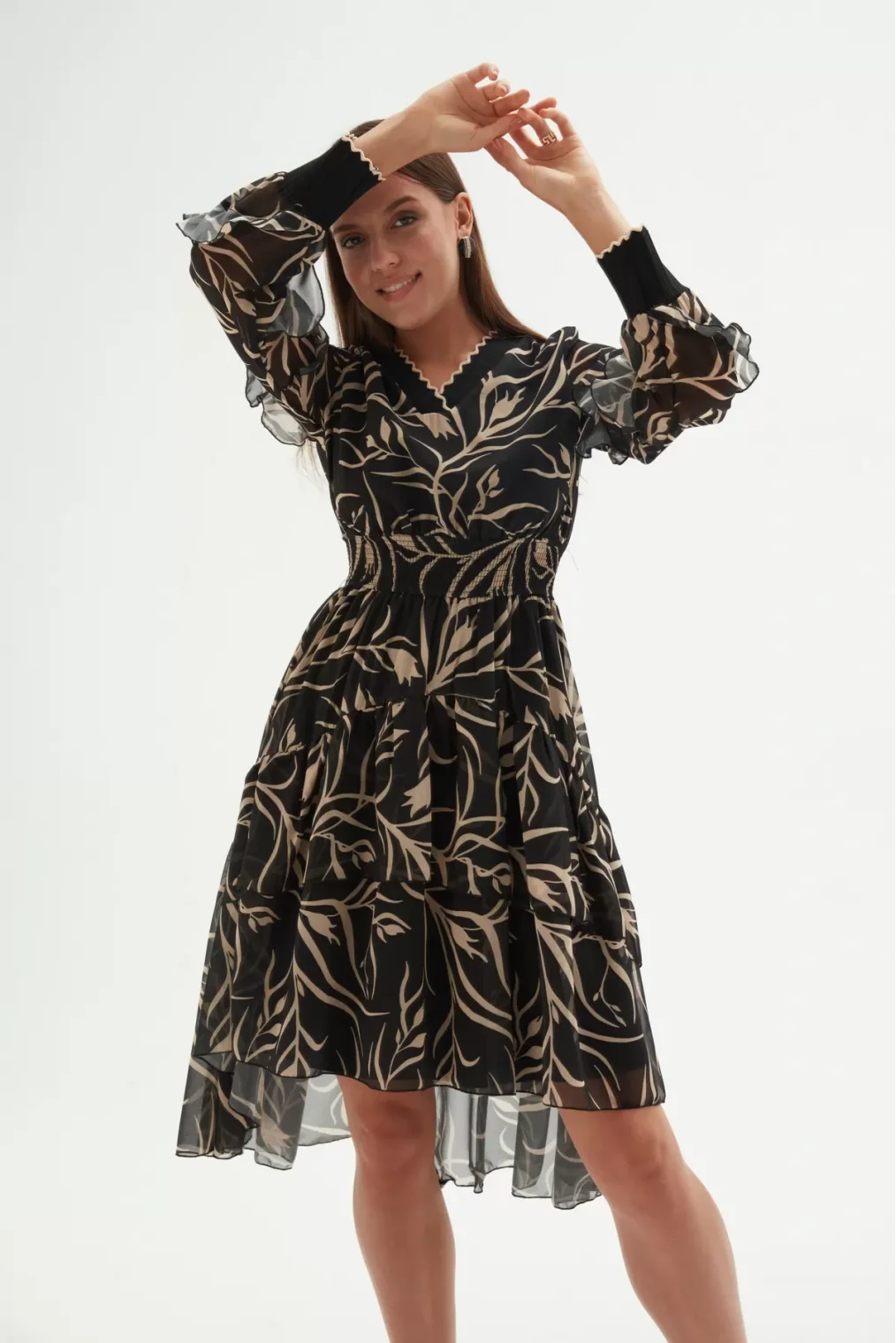 V Yaka Eteği Büzgülü Elbise 1779-Siyah/Vizon