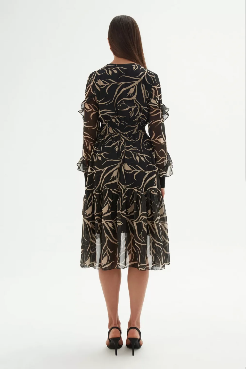 V Yaka Eteği Büzgülü Elbise 1779-Siyah/Vizon