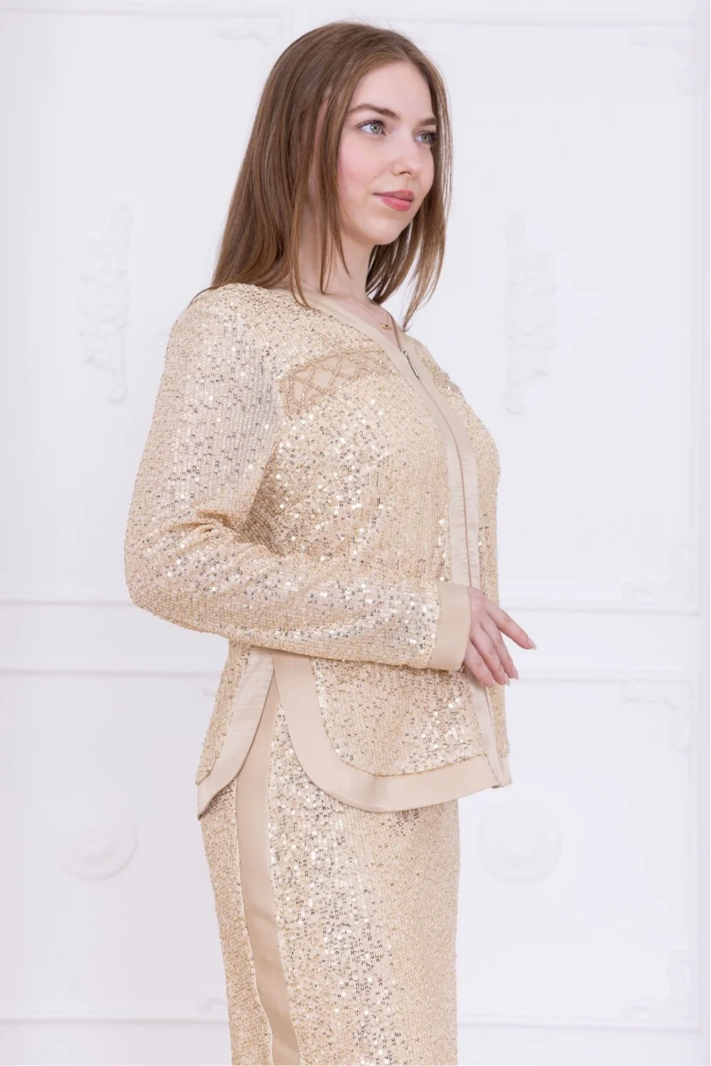 V Yaka Payetli İkili Takım 4716-Bej