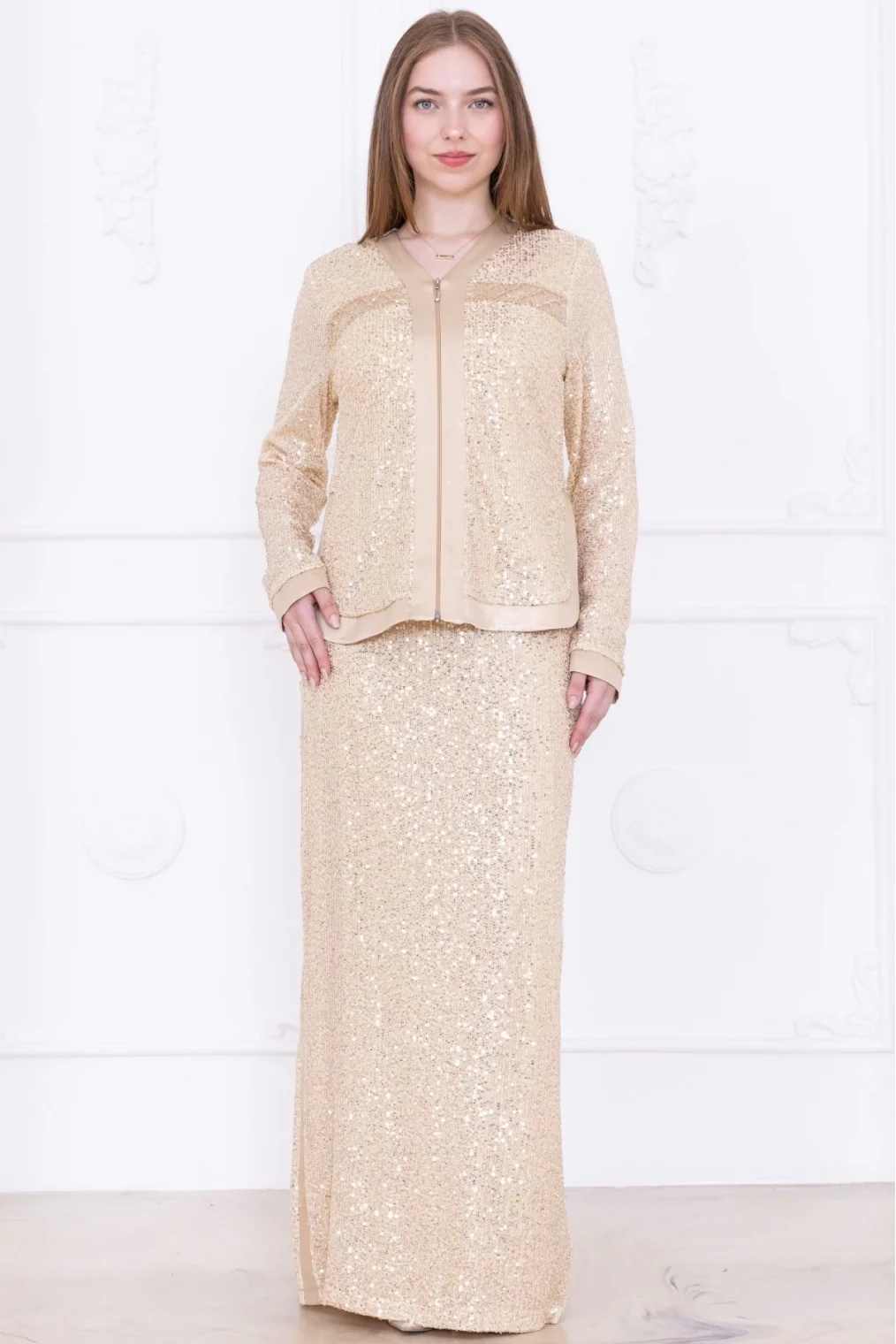 V Yaka Payetli İkili Takım 4716-Bej