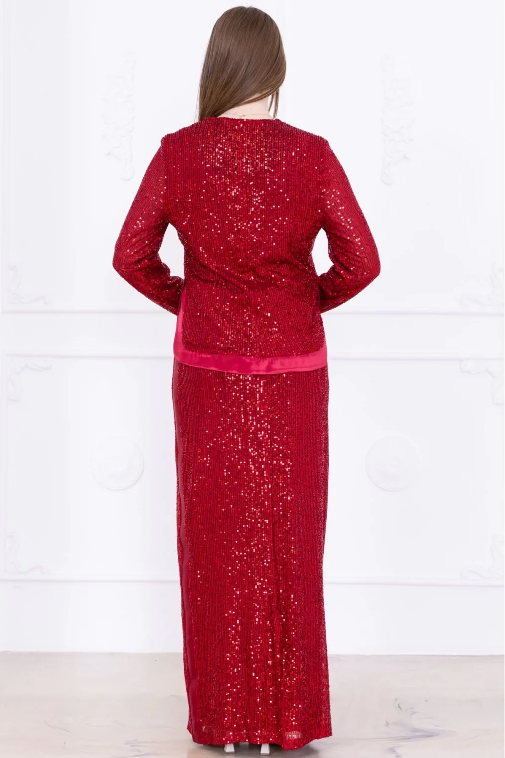 V Yaka Payetli İkili Takım 4716-Bordo