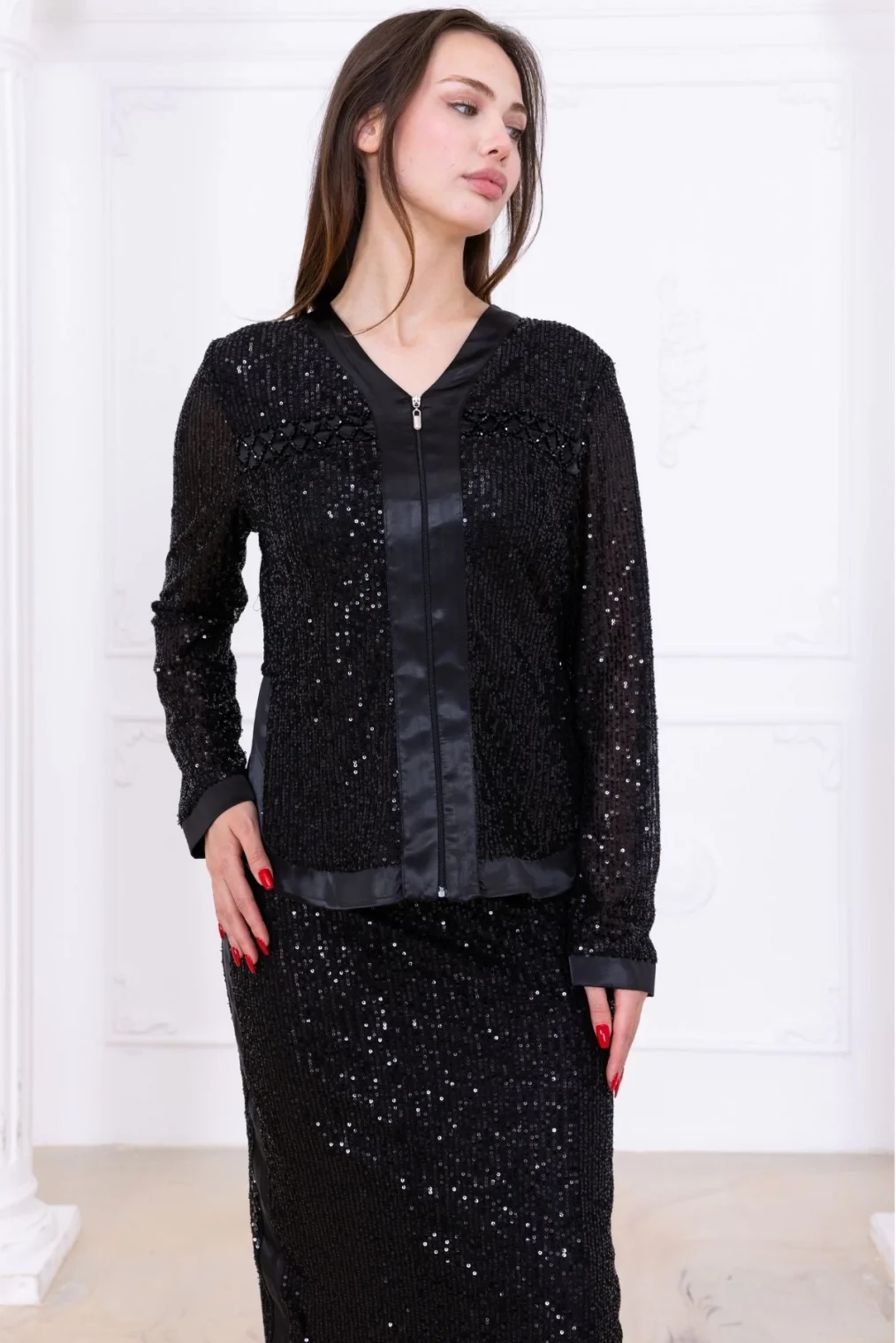 V Yaka Payetli İkili Takım 4716-Siyah