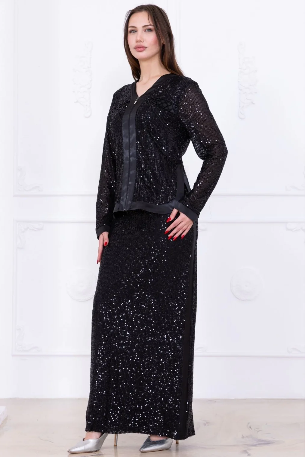 V Yaka Payetli İkili Takım 4716-Siyah