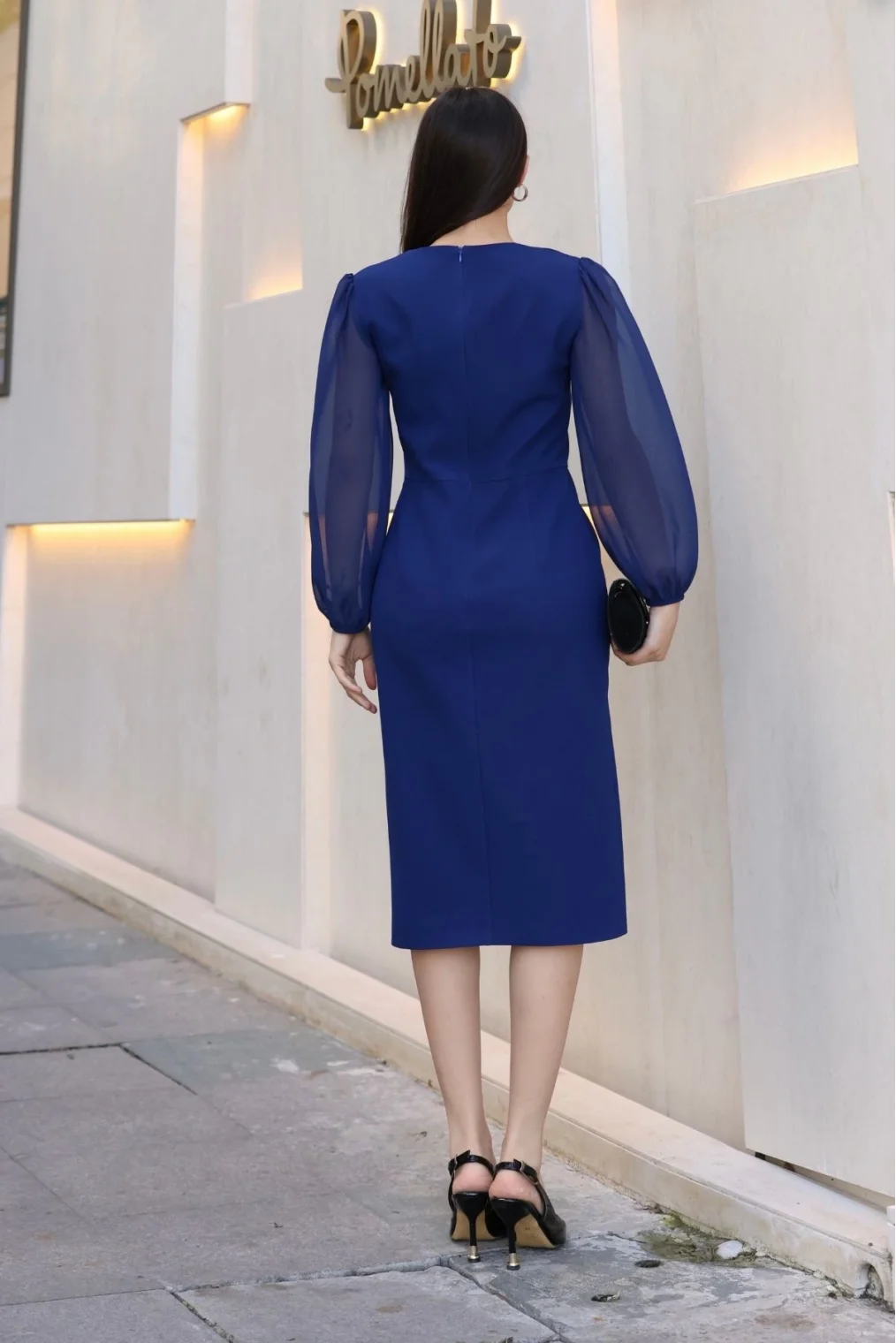 V Yaka Şifon Kollu Yırtmaçlı Midi Elbise 6015-Lacivert