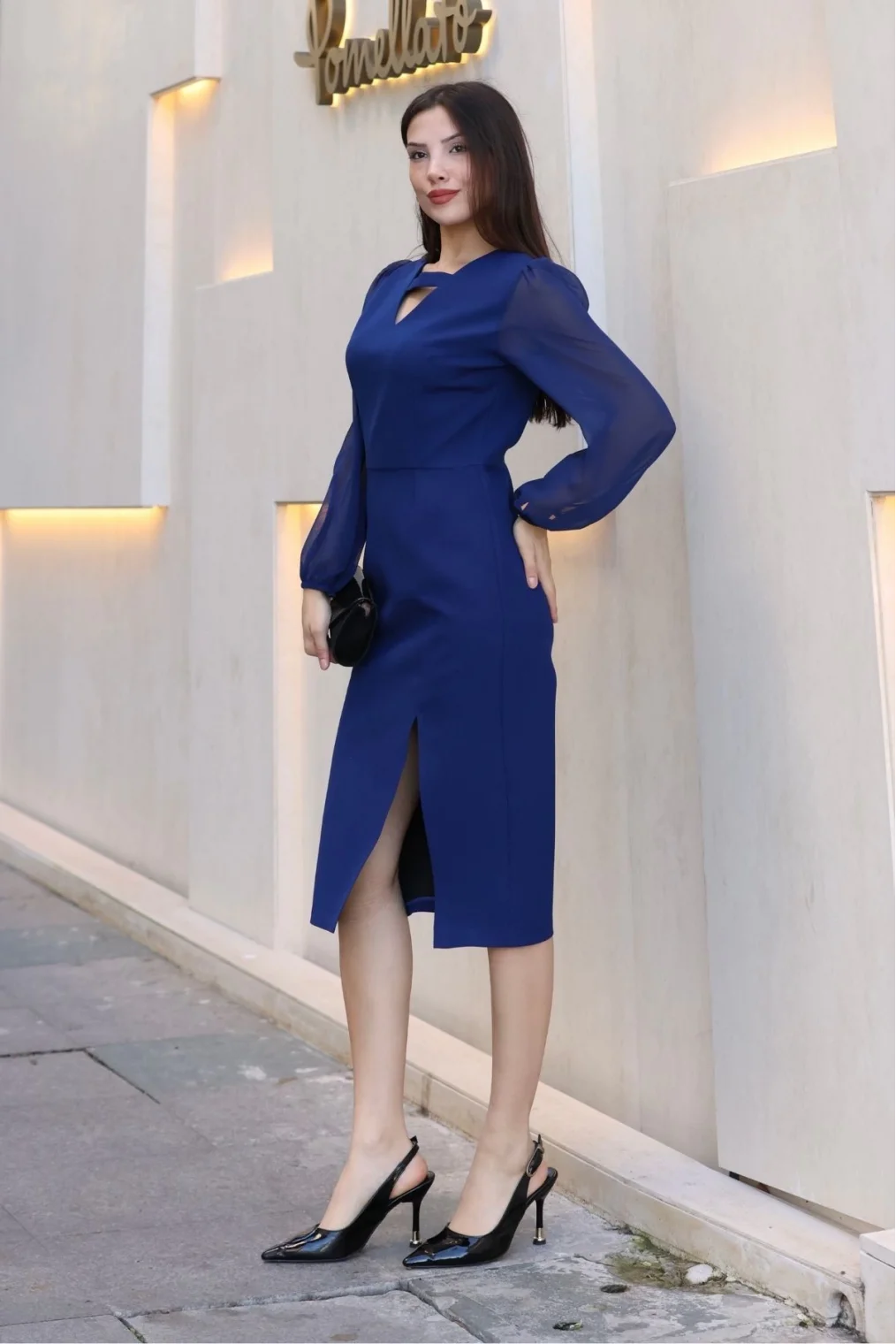 V Yaka Şifon Kollu Yırtmaçlı Midi Elbise 6015-Lacivert