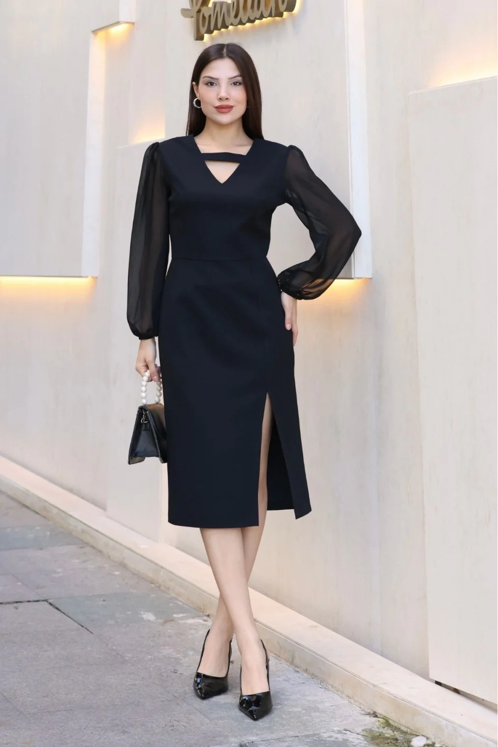 V Yaka Şifon Kollu Yırtmaçlı Midi Elbise 6015-Siyah