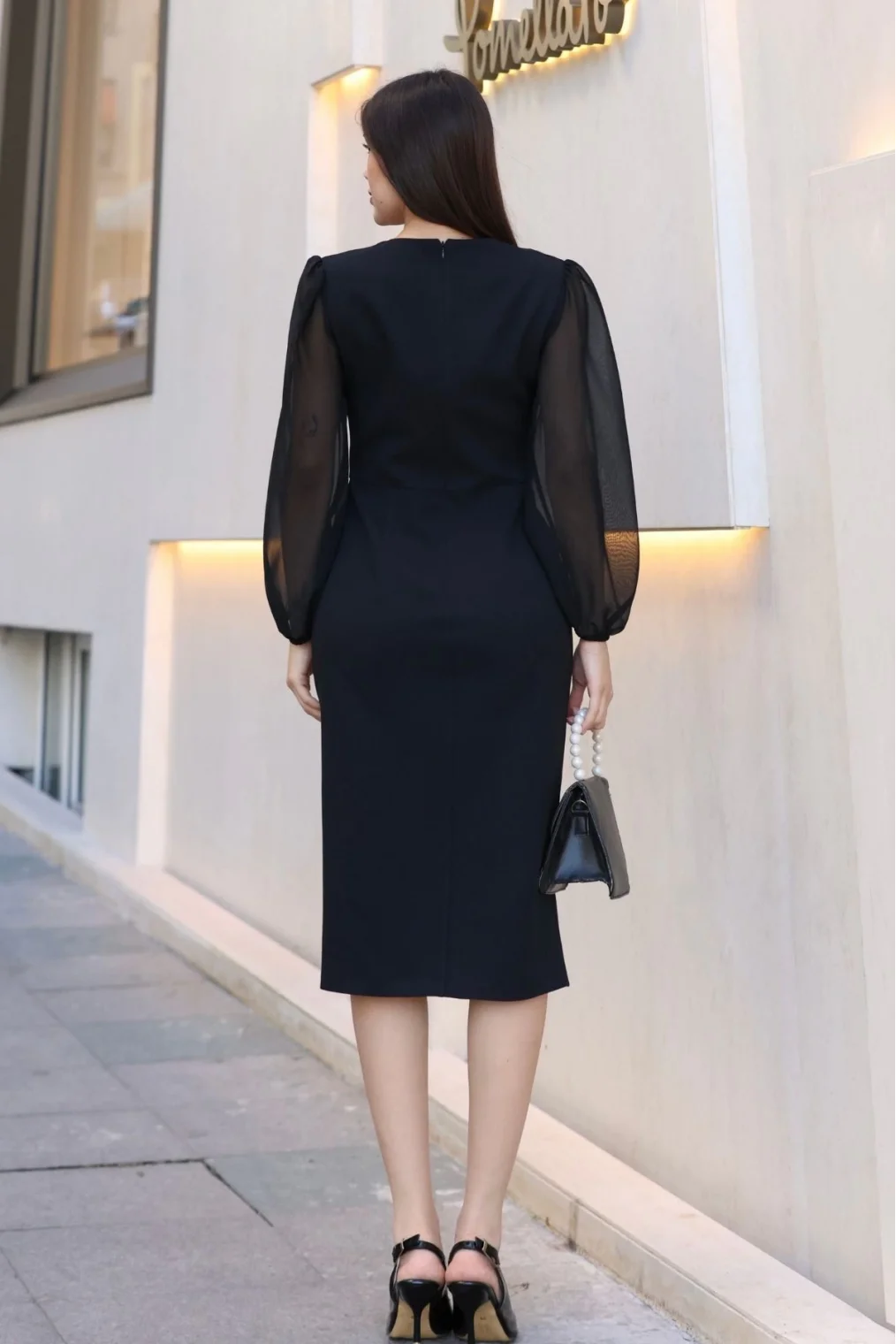 V Yaka Şifon Kollu Yırtmaçlı Midi Elbise 6015-Siyah