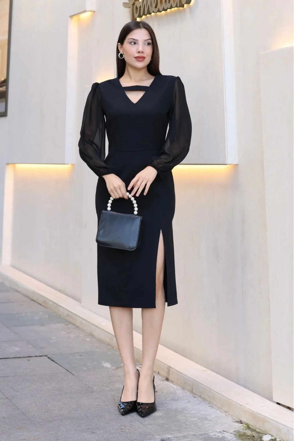 V Yaka Şifon Kollu Yırtmaçlı Midi Elbise 6015-Siyah