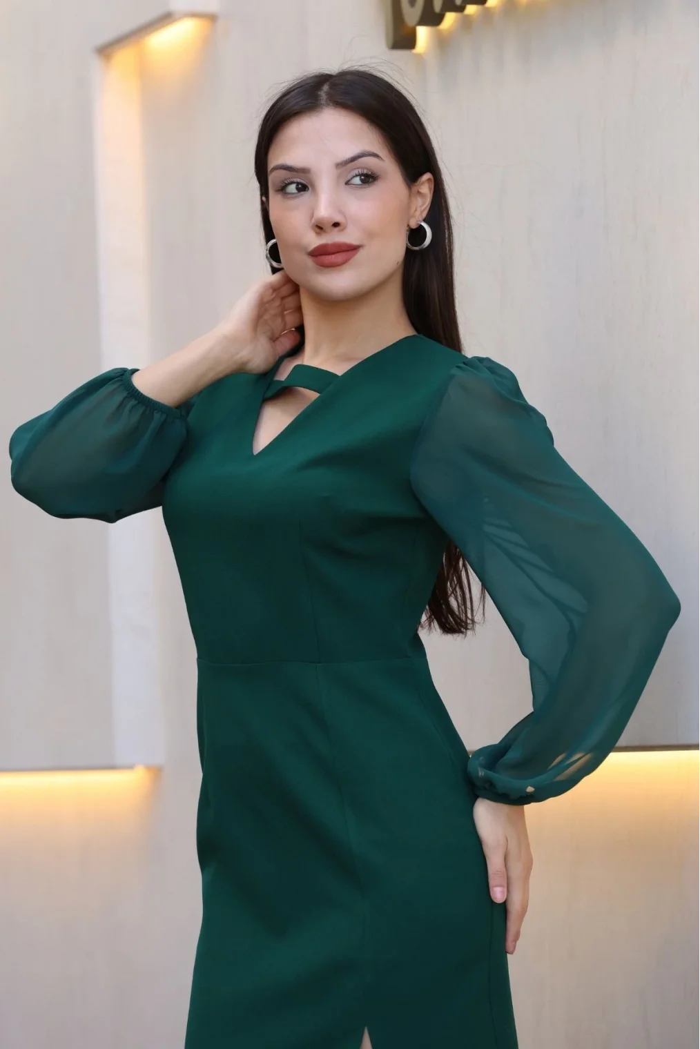 V Yaka Şifon Kollu Yırtmaçlı Midi Elbise 6015-Yeşil