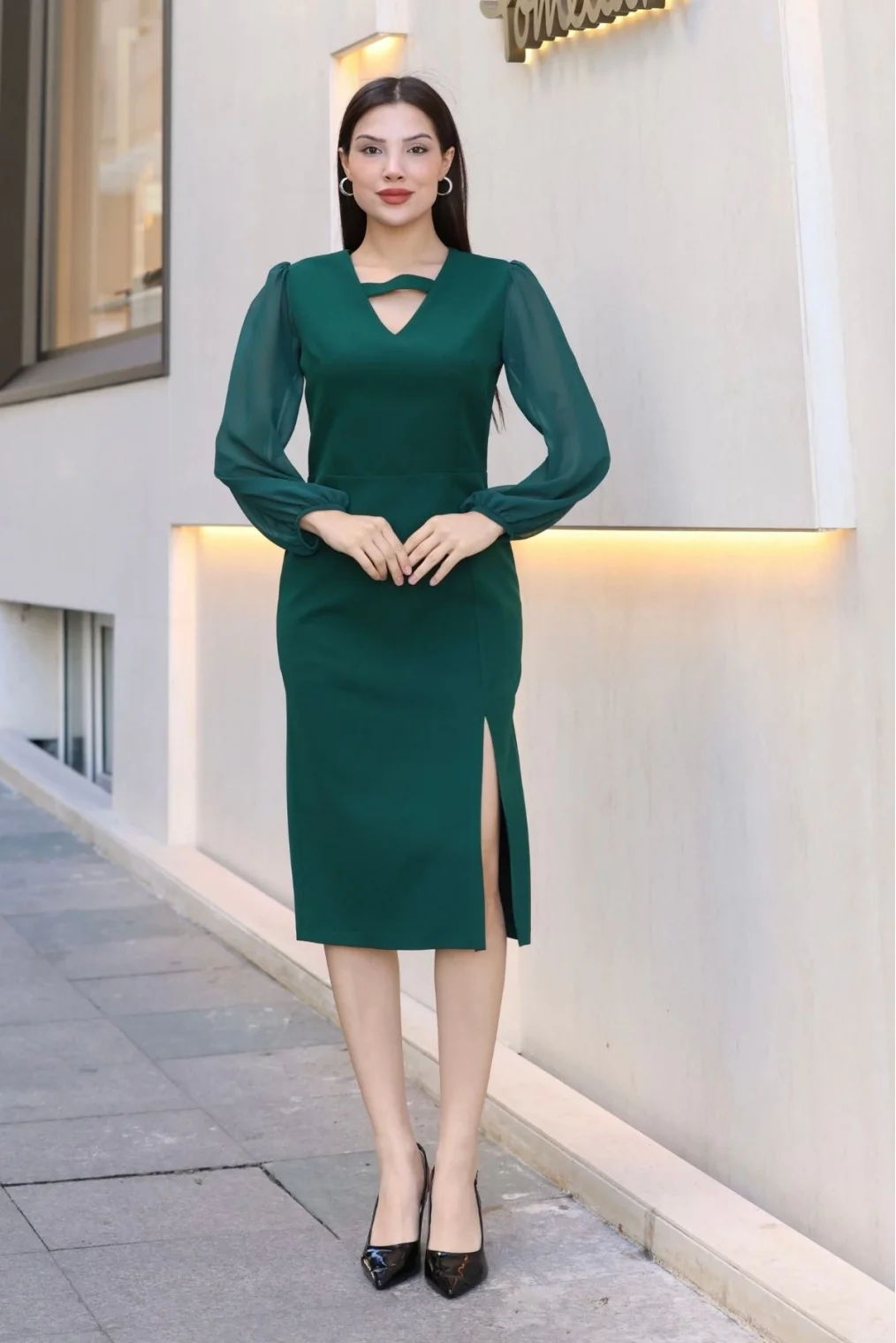 V Yaka Şifon Kollu Yırtmaçlı Midi Elbise 6015-Yeşil