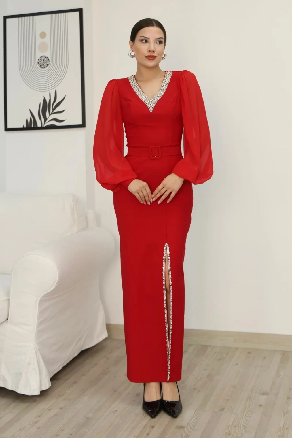 V Yaka Taş Detaylı Yırtmaçlı Balon Kol Abiye Elbise 2332-Kırmızı