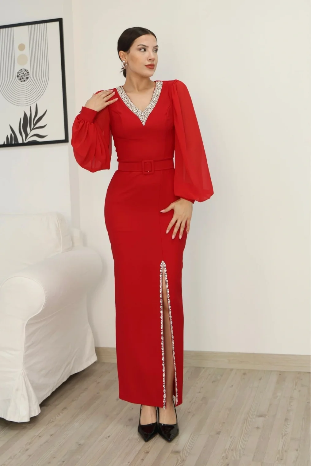 V Yaka Taş Detaylı Yırtmaçlı Balon Kol Abiye Elbise 2332-Kırmızı