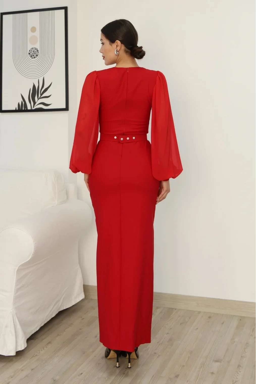 V Yaka Taş Detaylı Yırtmaçlı Balon Kol Abiye Elbise 2332-Kırmızı