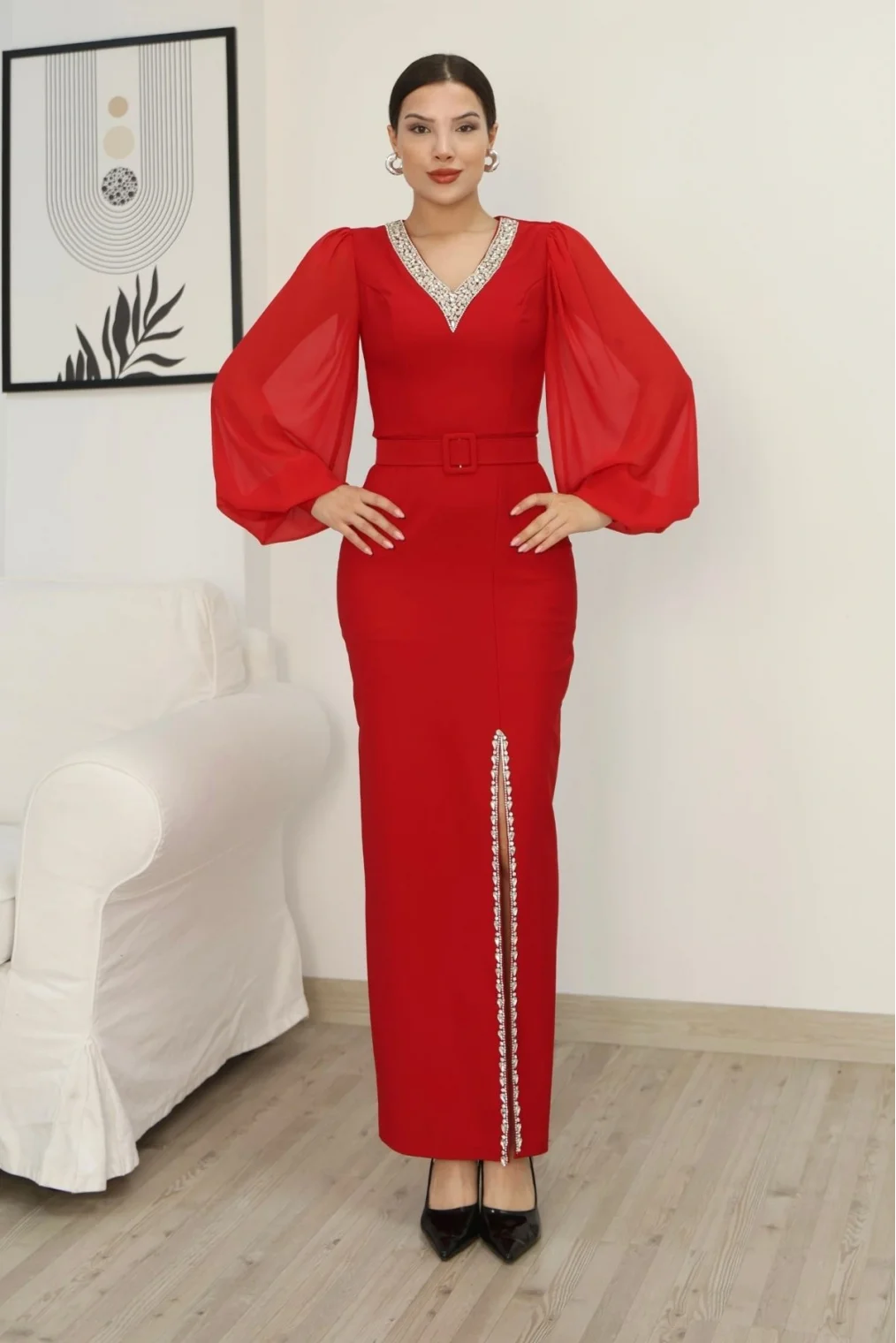 V Yaka Taş Detaylı Yırtmaçlı Balon Kol Abiye Elbise 2332-Kırmızı