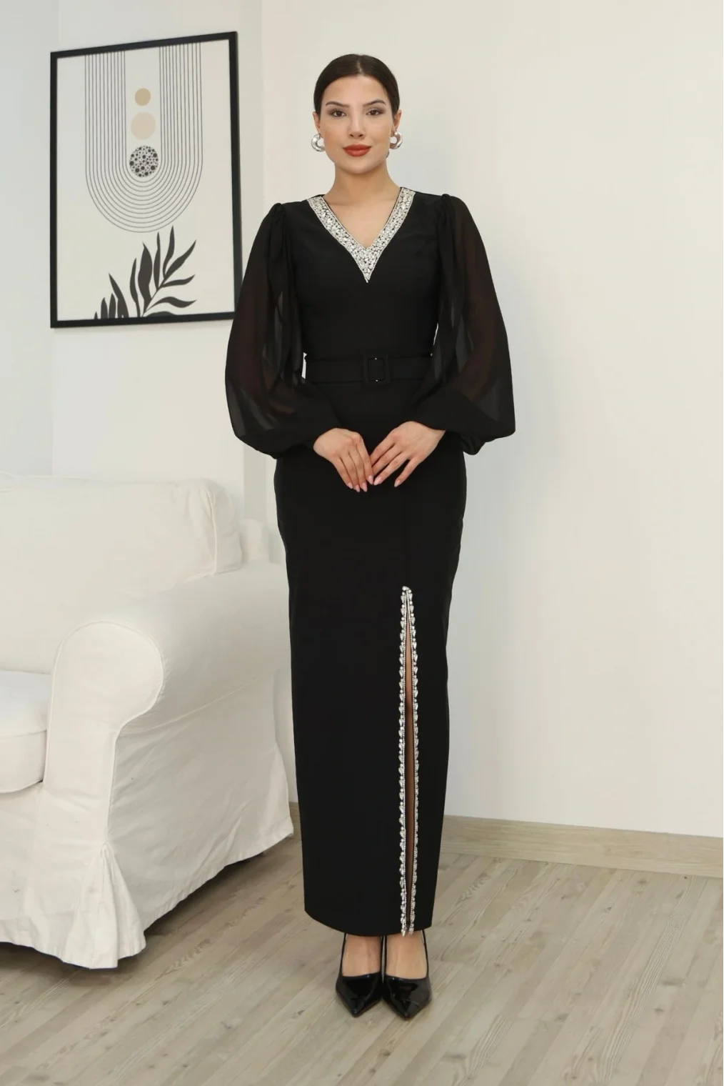 V Yaka Taş Detaylı Yırtmaçlı Balon Kol Abiye Elbise 2332-Siyah