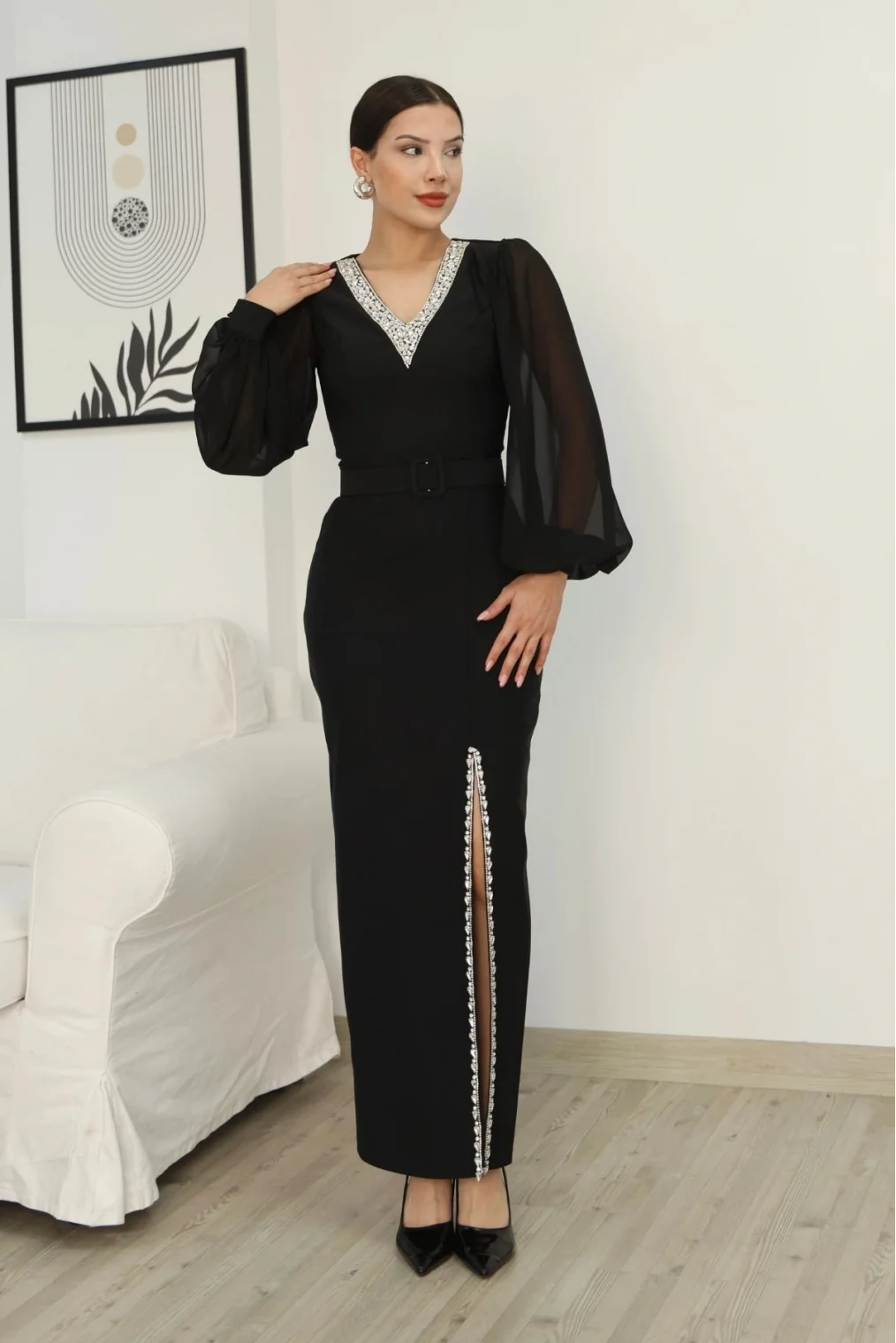 V Yaka Taş Detaylı Yırtmaçlı Balon Kol Abiye Elbise 2332-Siyah