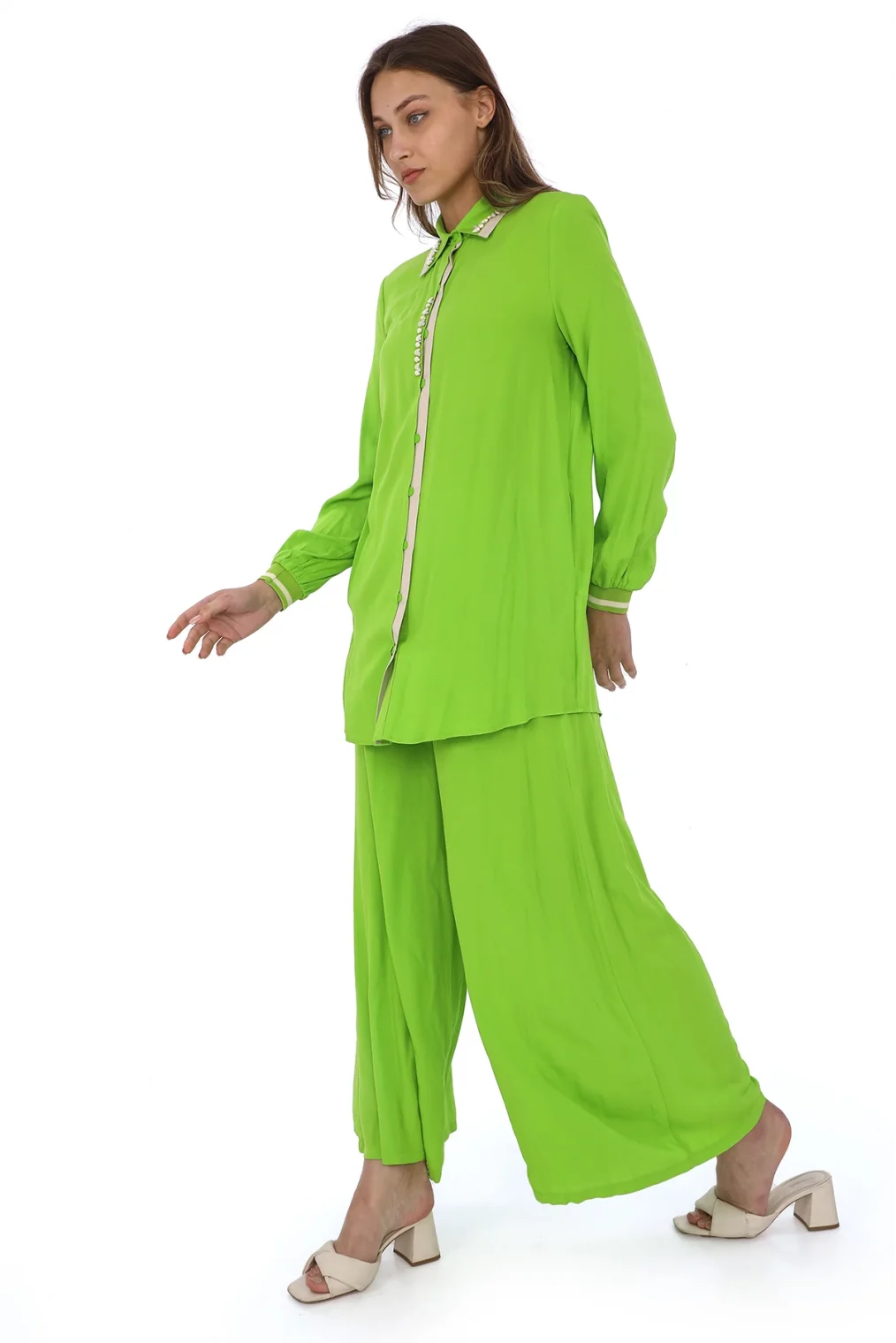 Yaka Boncuk İşlemeli İkili Tunik Takım 02-Fıstık Yeşili