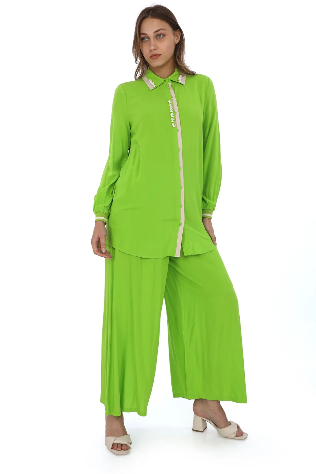 Yaka Boncuk İşlemeli İkili Tunik Takım 02-Fıstık Yeşili