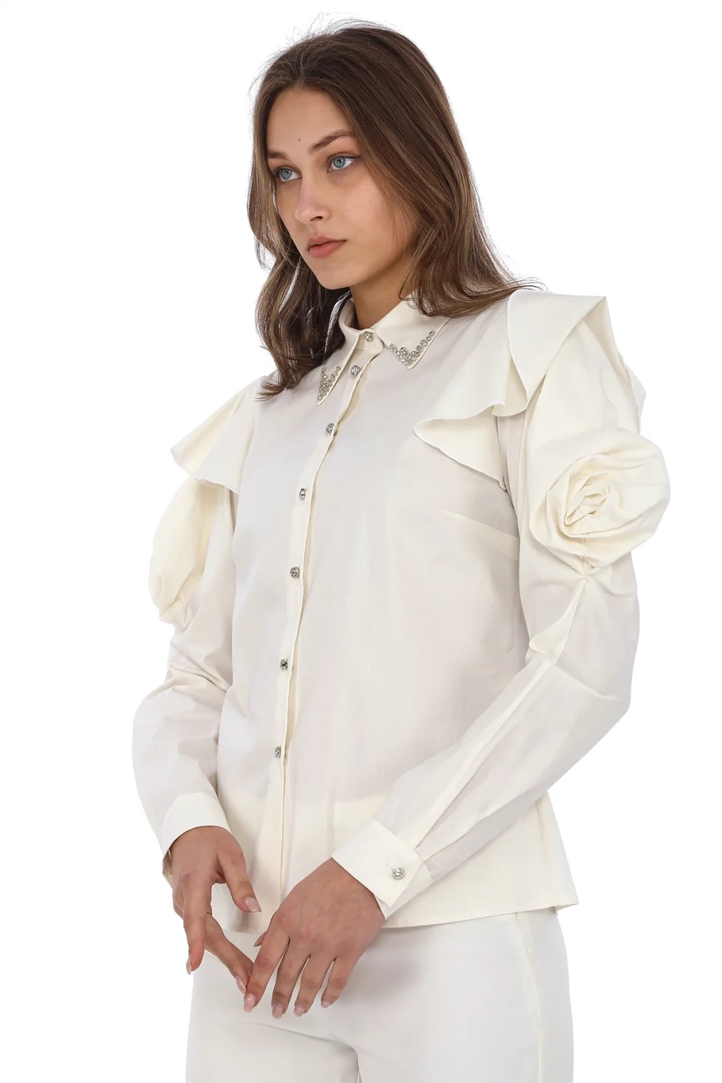 Yaka Boncuk Ve Kol Detaylı Bluz 4708-Ekru