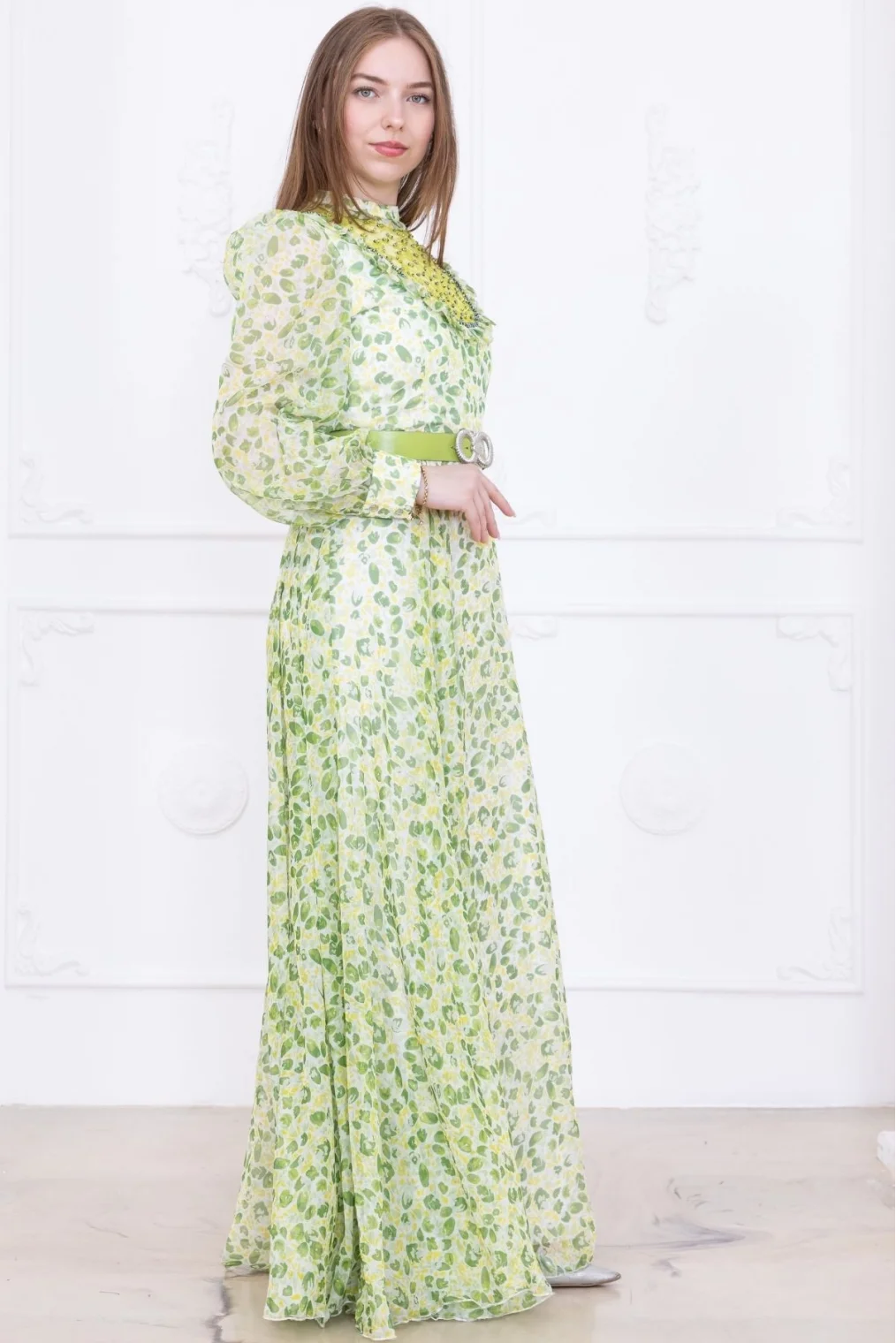 Yaka Dantel Detaylı Şifon Abiye 2726-Yeşil