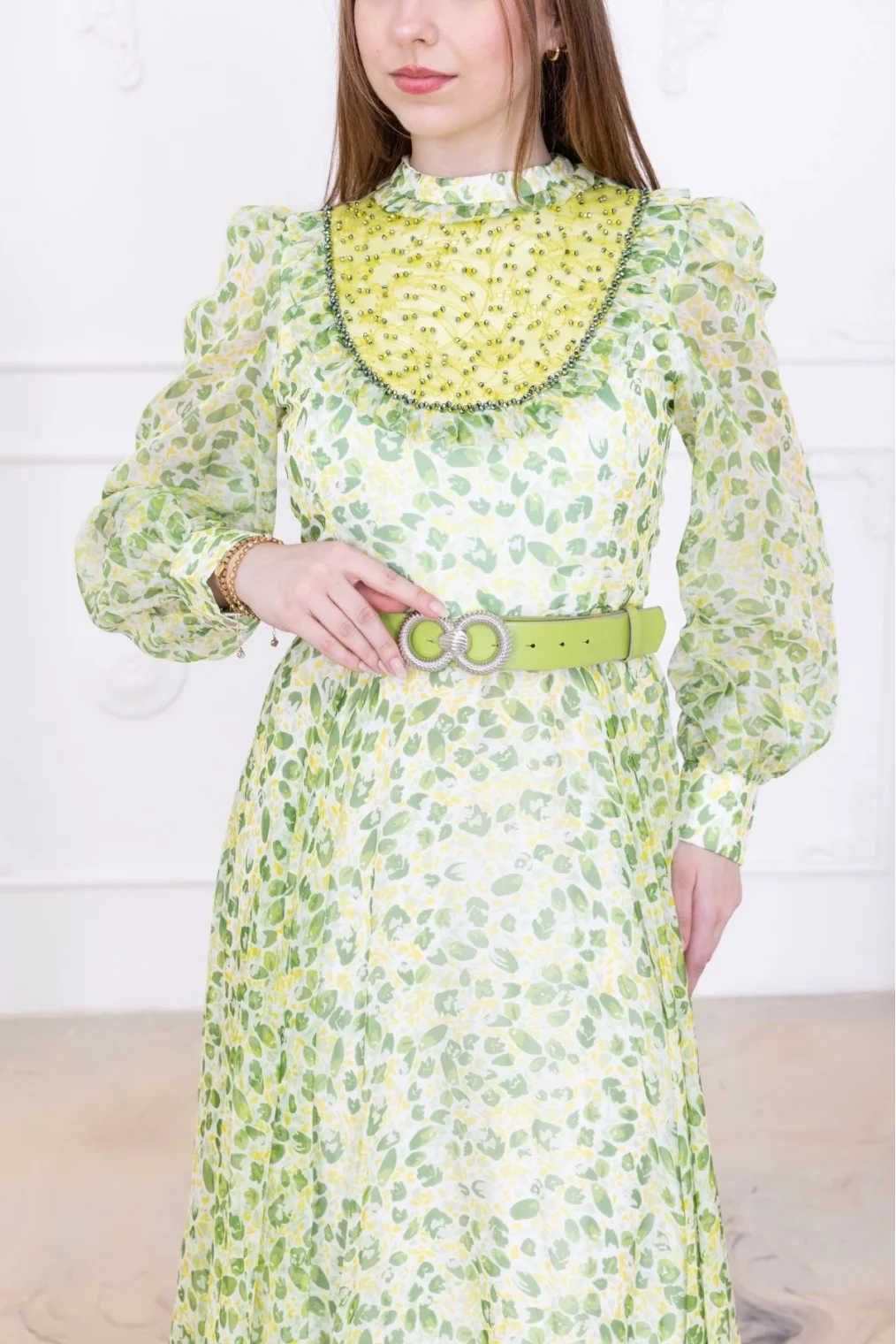 Yaka Dantel Detaylı Şifon Abiye 2726-Yeşil