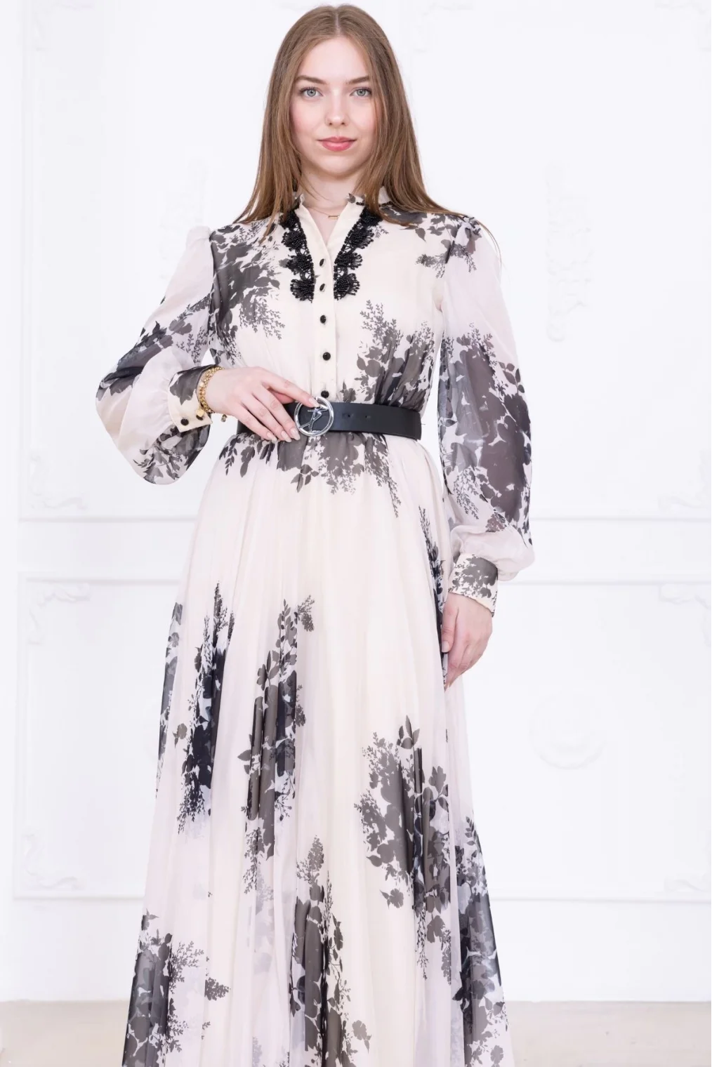 Yaka Dantel İşlemeli Şifon Abiye 2728-Siyah