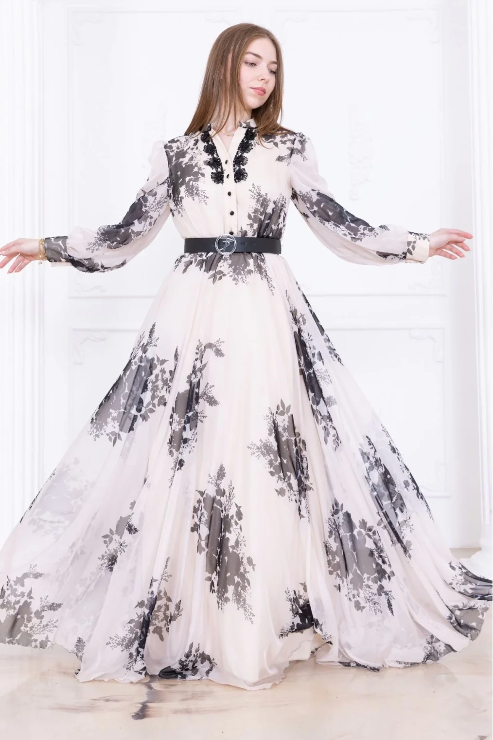 Yaka Dantel İşlemeli Şifon Abiye 2728-Siyah