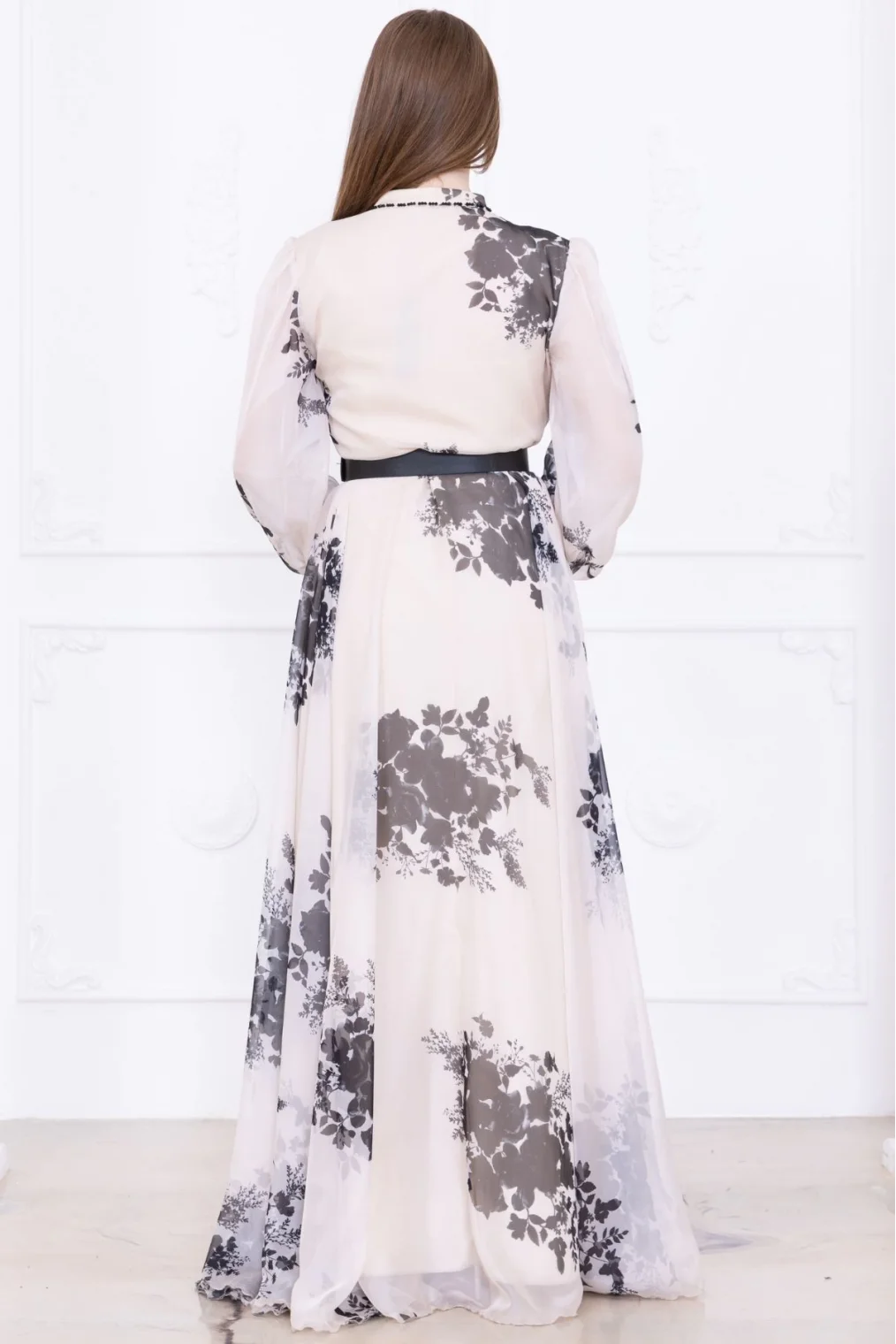 Yaka Dantel İşlemeli Şifon Abiye 2728-Siyah