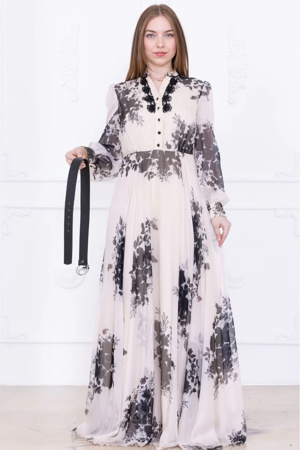 Yaka Dantel İşlemeli Şifon Abiye 2728-Siyah