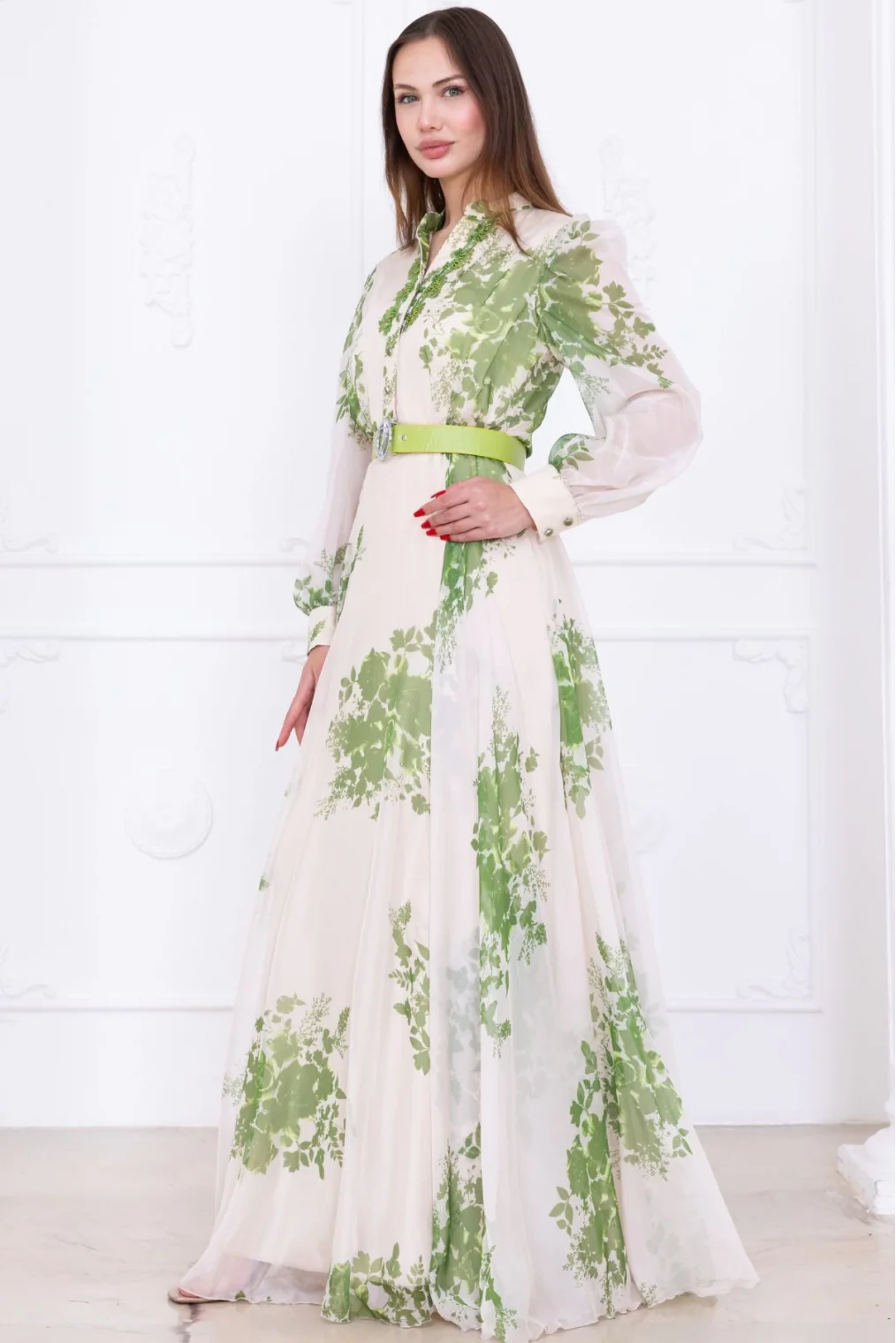 Yaka Dantel İşlemeli Şifon Abiye 2728-Yeşil