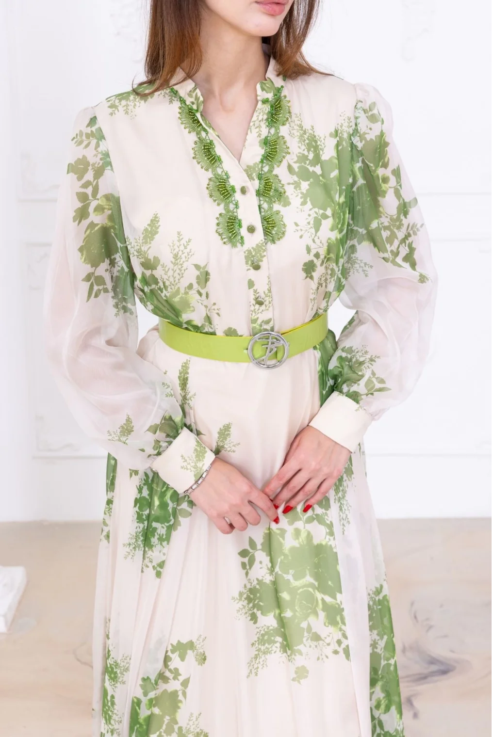 Yaka Dantel İşlemeli Şifon Abiye 2728-Yeşil