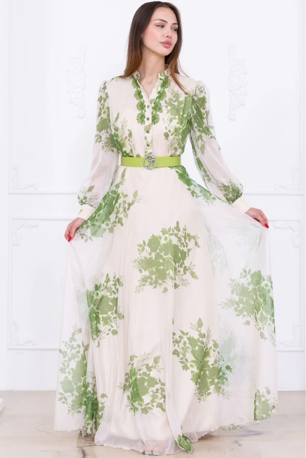 Yaka Dantel İşlemeli Şifon Abiye 2728-Yeşil