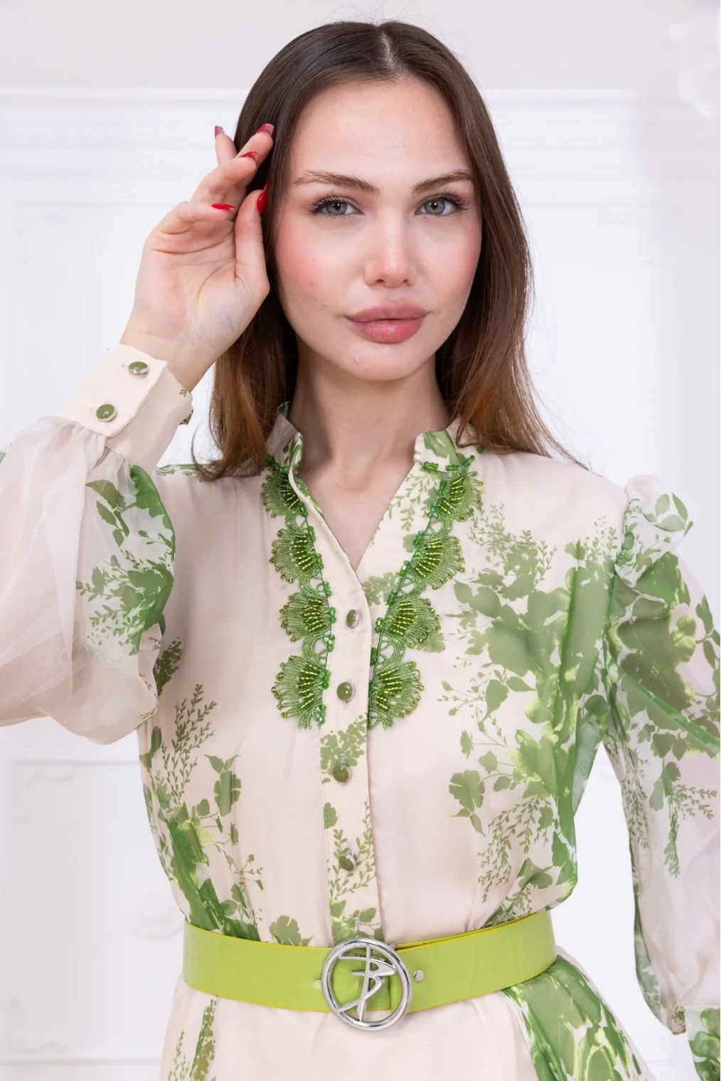 Yaka Dantel İşlemeli Şifon Abiye 2728-Yeşil