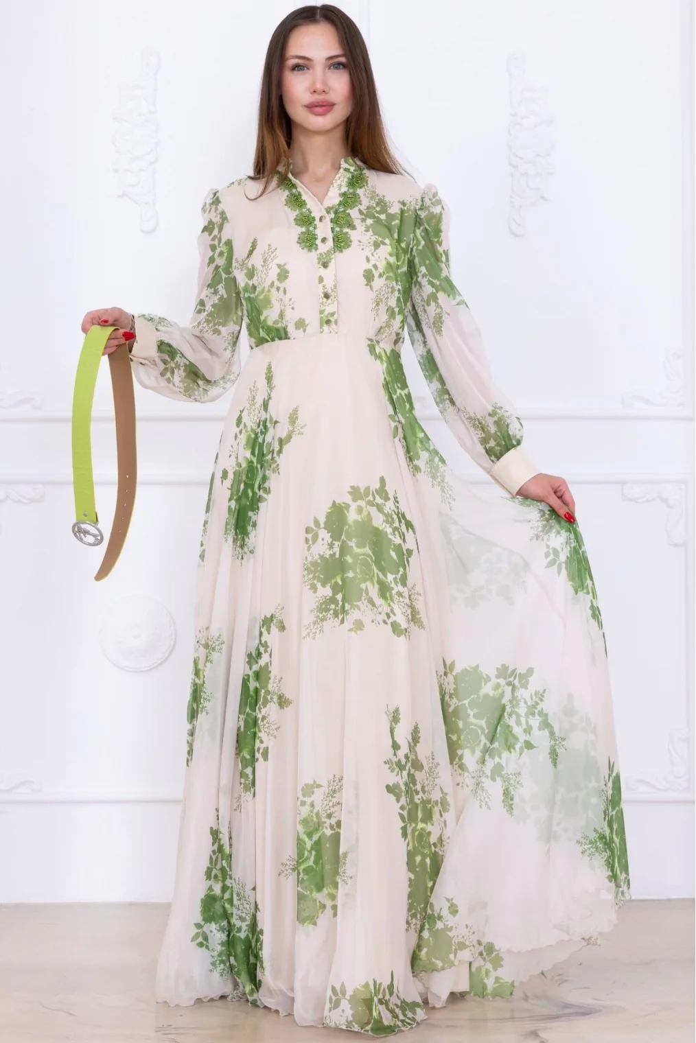 Yaka Dantel İşlemeli Şifon Abiye 2728-Yeşil