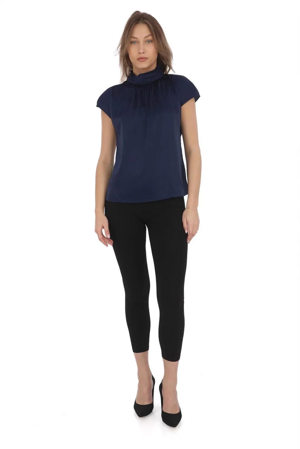 Yaka Drape Detaylı Saten Bluz 01-Lacivert