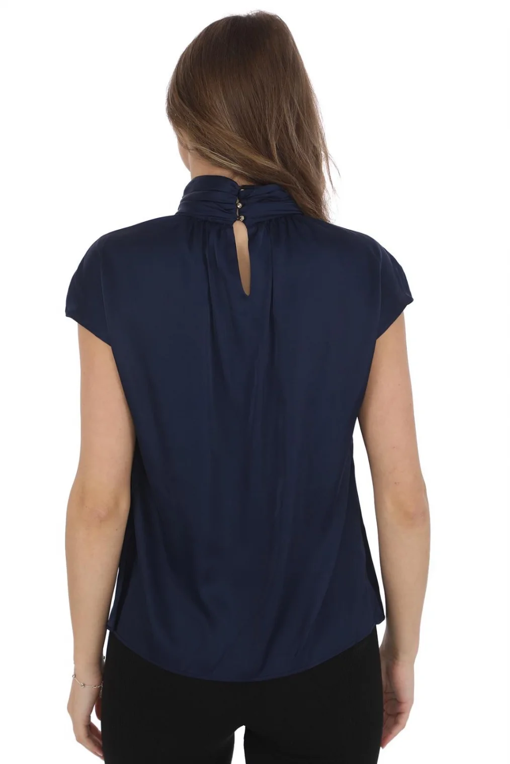 Yaka Drape Detaylı Saten Bluz 01-Lacivert