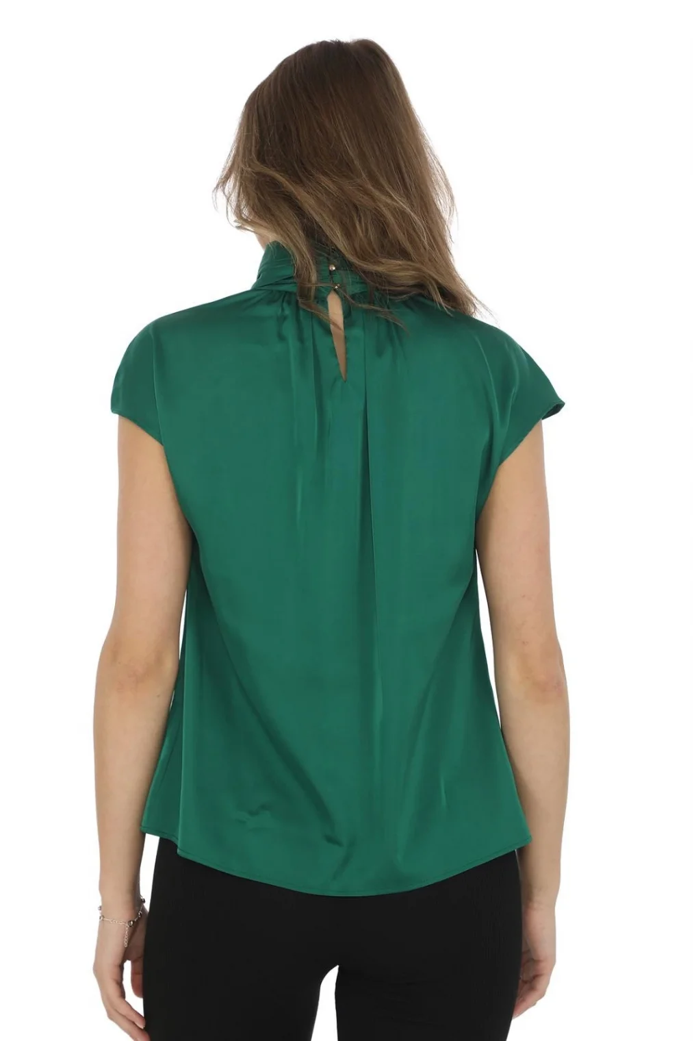 Yaka Drape Detaylı Saten Bluz 01-Yeşil