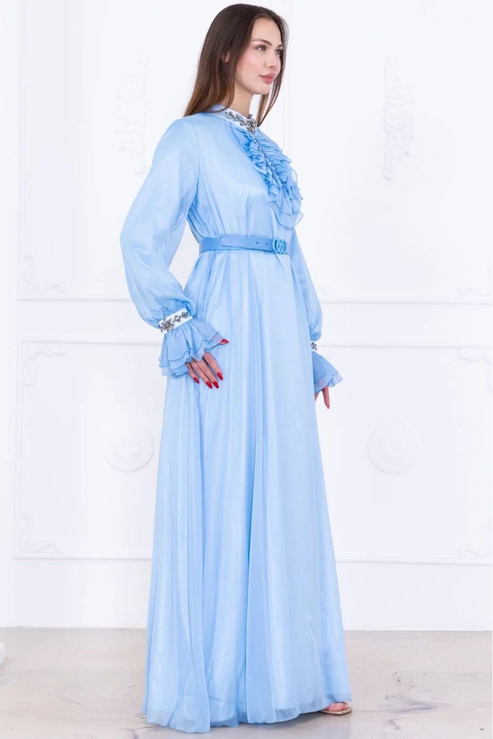 Yaka Fırfırlı Boncuk İşlemeli Şifon Abiye 2716-Bebe Mavisi