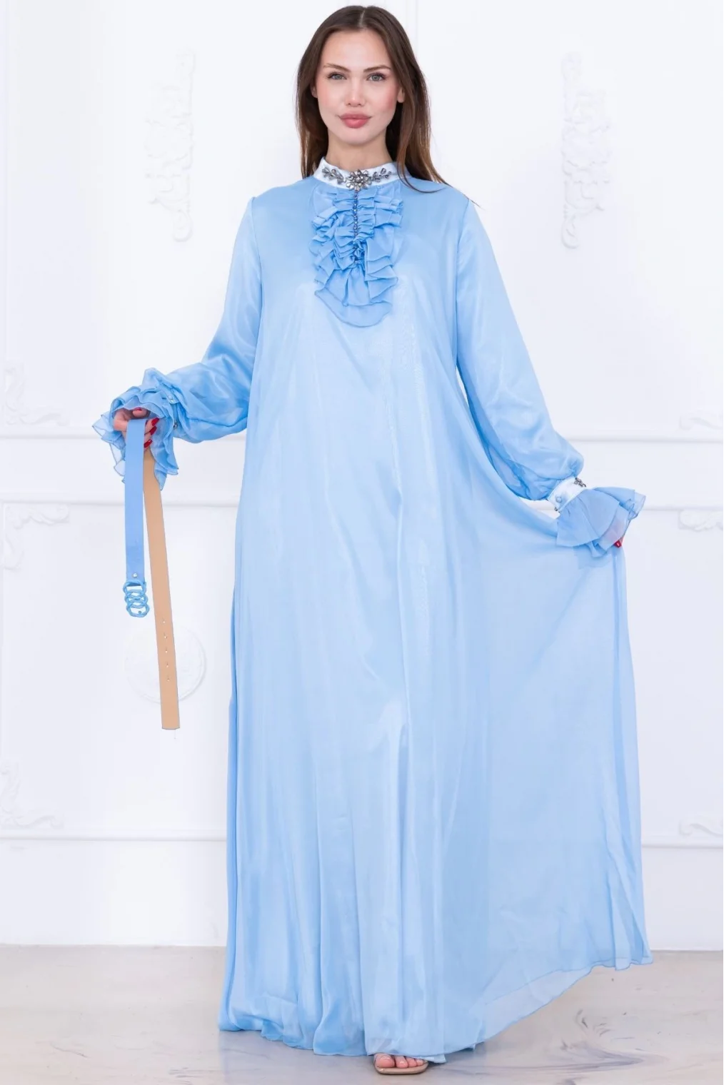 Yaka Fırfırlı Boncuk İşlemeli Şifon Abiye 2716-Bebe Mavisi