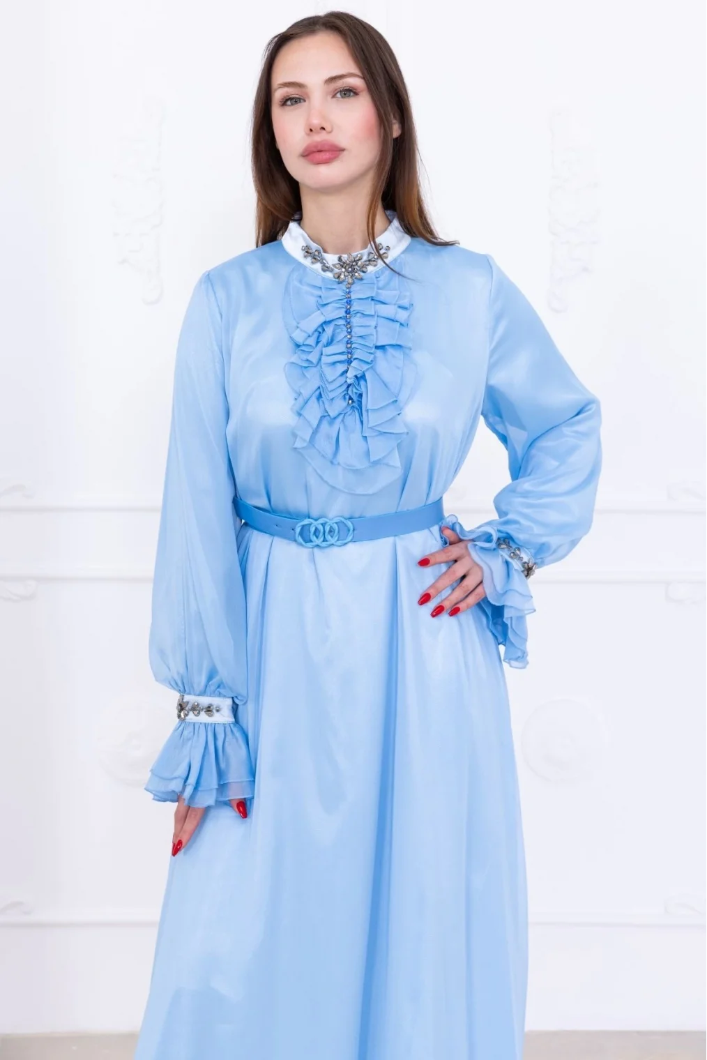 Yaka Fırfırlı Boncuk İşlemeli Şifon Abiye 2716-Bebe Mavisi