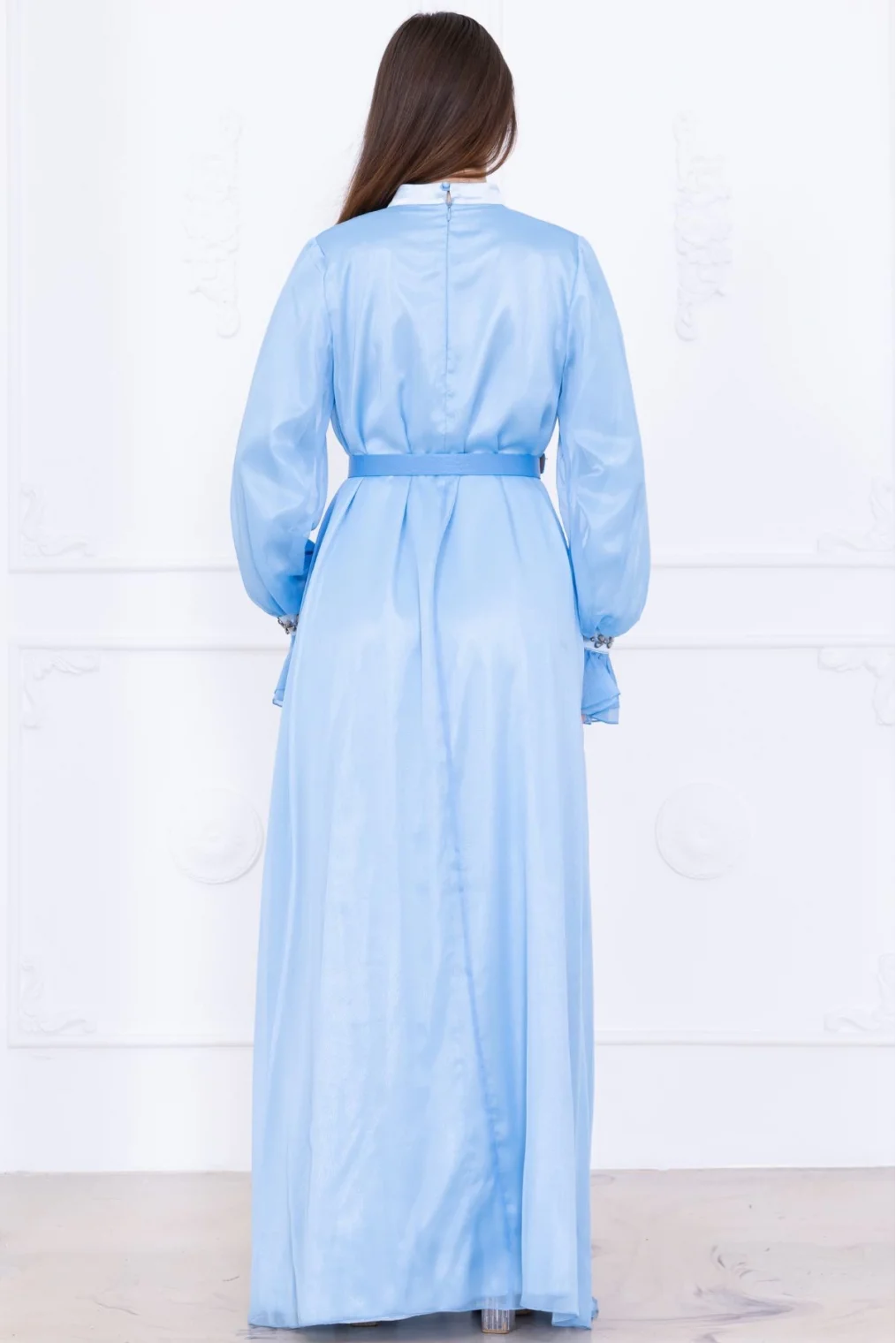 Yaka Fırfırlı Boncuk İşlemeli Şifon Abiye 2716-Bebe Mavisi