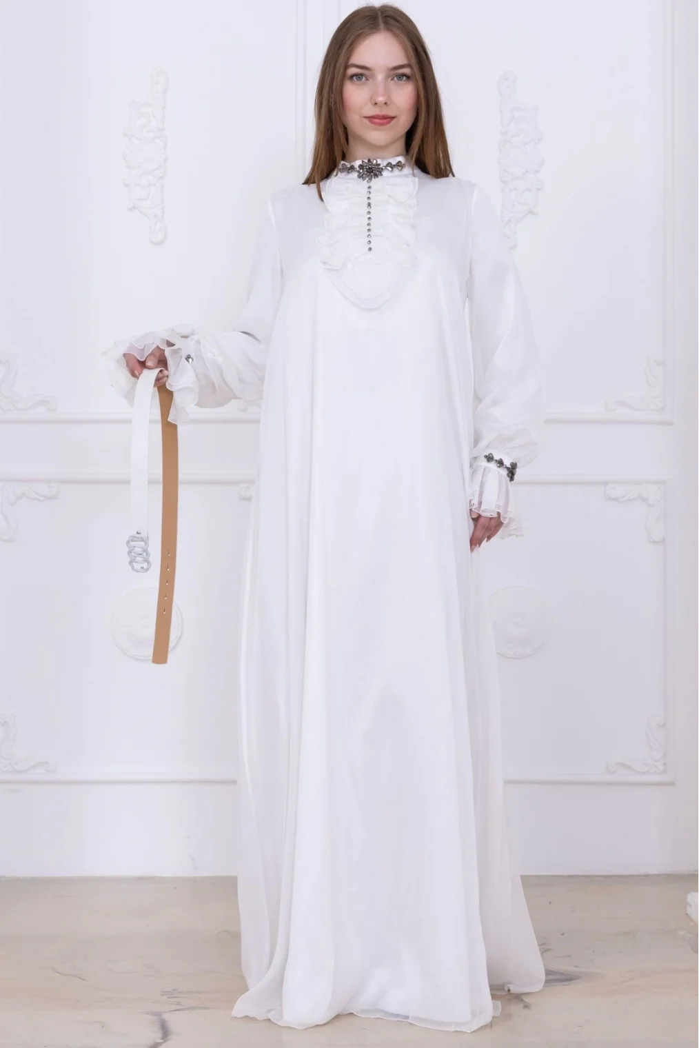 Yaka Fırfırlı Boncuk İşlemeli Şifon Abiye 2716-Ekru