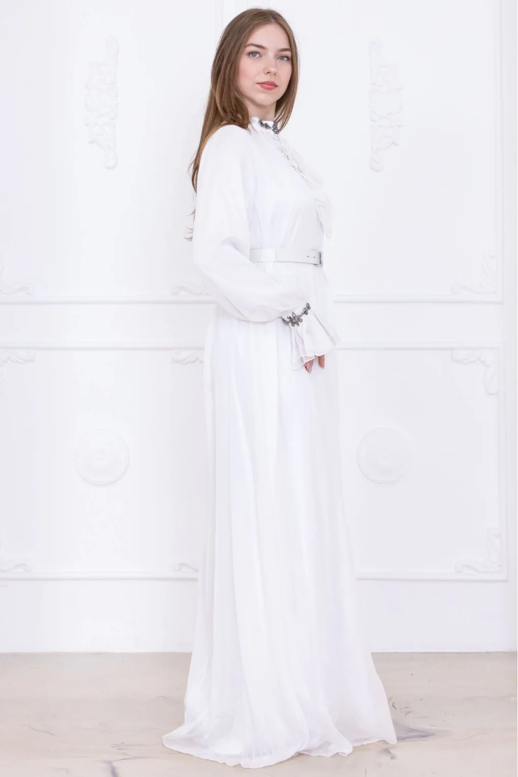 Yaka Fırfırlı Boncuk İşlemeli Şifon Abiye 2716-Ekru