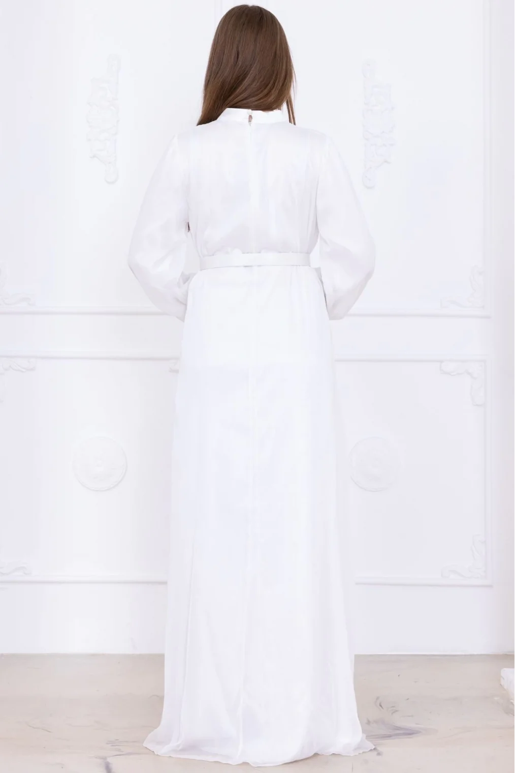 Yaka Fırfırlı Boncuk İşlemeli Şifon Abiye 2716-Ekru