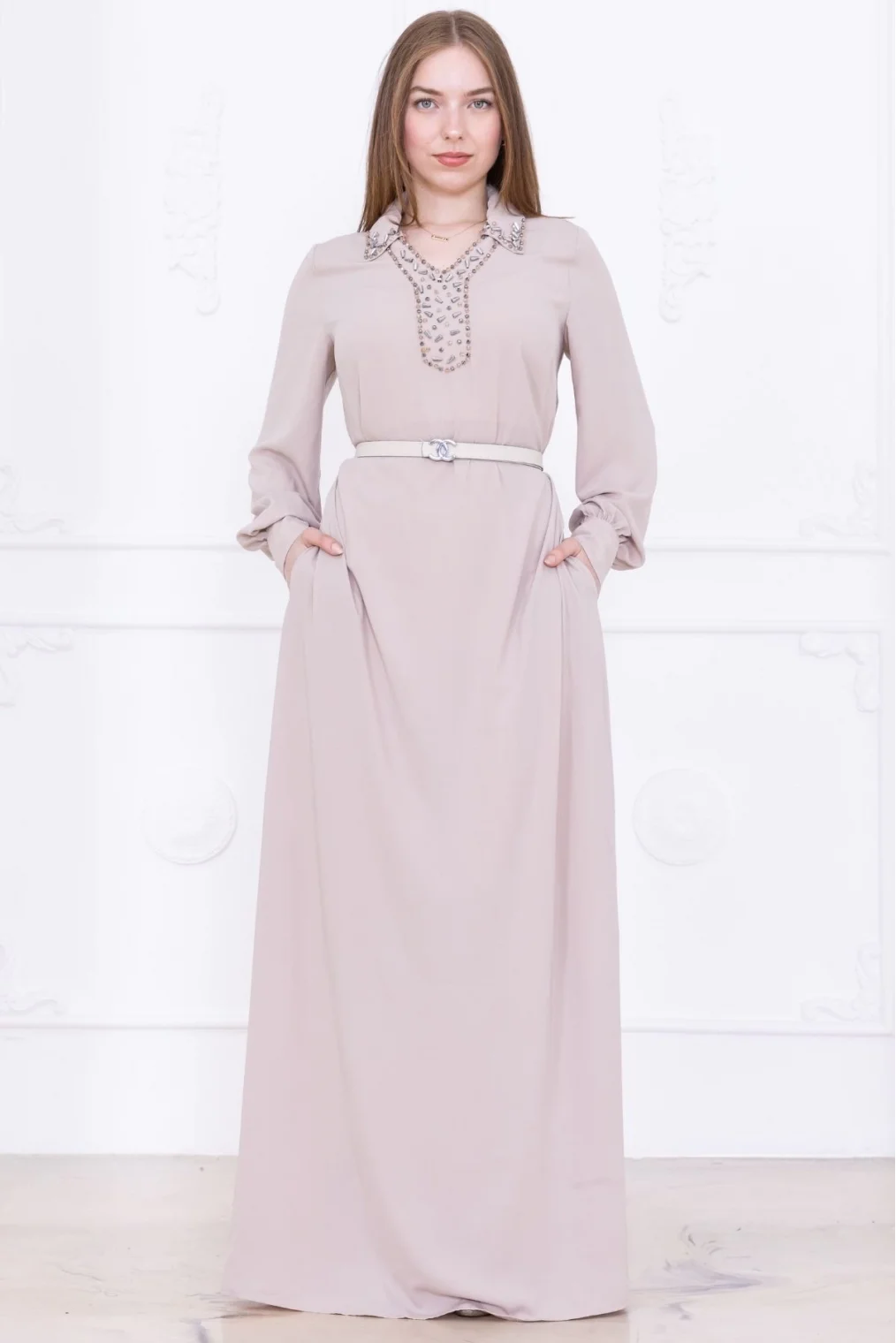 Yaka İşleme Detaylı Kemerli Rahat Form Elbise 1016-Bej