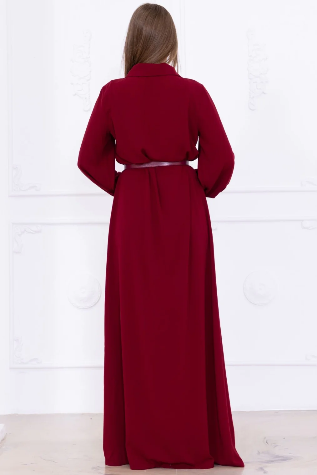 Yaka İşleme Detaylı Kemerli Rahat Form Elbise 1016-Bordo