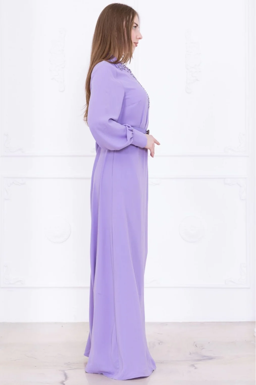 Yaka İşleme Detaylı Kemerli Rahat Form Elbise 1016-Lila