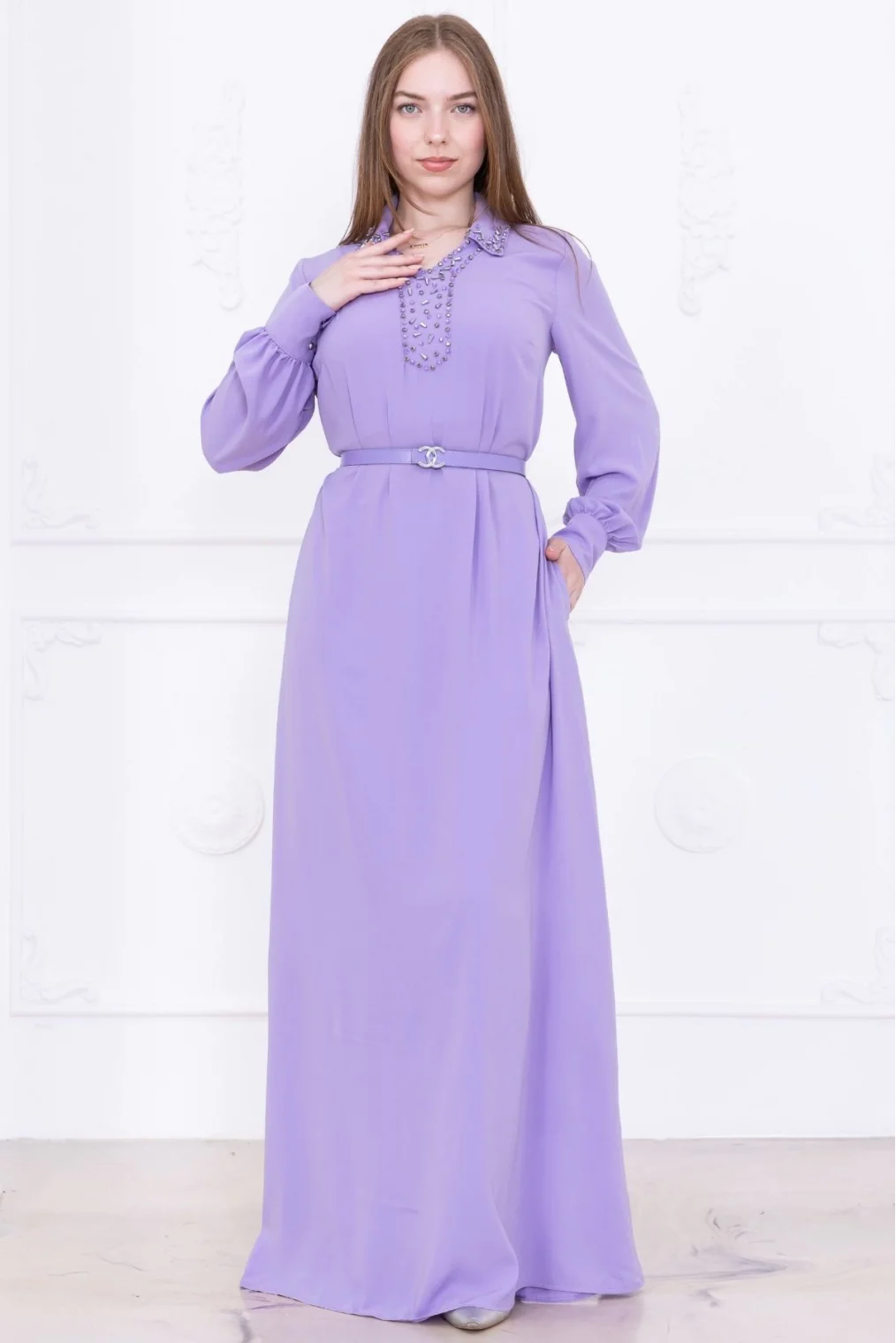 Yaka İşleme Detaylı Kemerli Rahat Form Elbise 1016-Lila