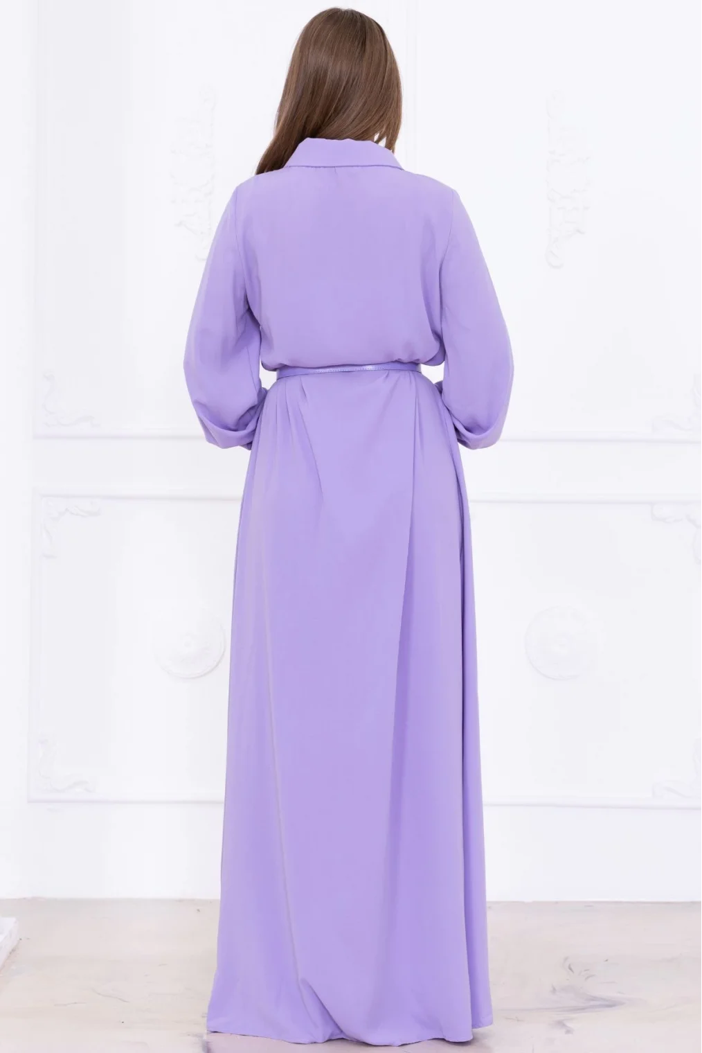 Yaka İşleme Detaylı Kemerli Rahat Form Elbise 1016-Lila