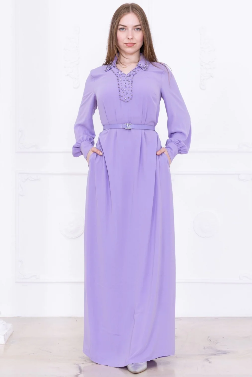 Yaka İşleme Detaylı Kemerli Rahat Form Elbise 1016-Lila